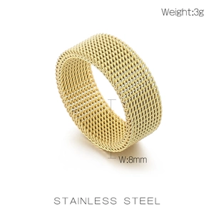 Macro shot of gold-plated stainless steel mesh ring band texture and 8mm width details
