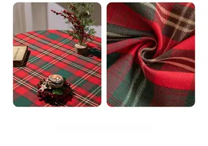 Detailed view of heavy-duty red and green Christmas plaid tablecloth with gold metallic thread