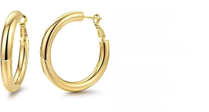Detail view of 40mm golden titanium steel hoop earrings with 5.0mm hollow tube design