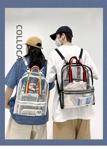 Close-up showing large capacity PVC clear backpacks with colorful striped handle details