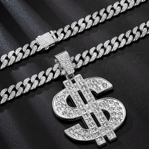 Men's hip hop silver Cuban chain necklace with sparkling dollar sign pendant