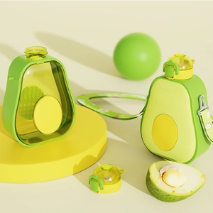 Detail of cute avocado shaped water bottle with colorful straps and detachable lid