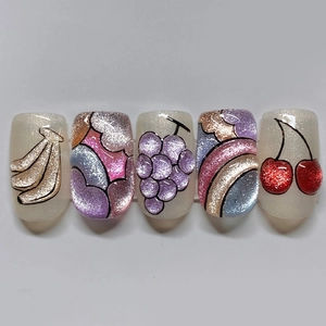 Press On Nails ABS Plastic Magnetic Cat Eye Shimmer Rainbow Fruit Cherry Banana Grape Style Short Square False Finger Nails
