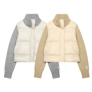Women Patchwork Quilted Jacket Knit Sleeves Stand Collar Button Up Casual Outerwear Lightweight Streetwear