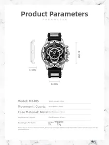 Detailliertes Maßblatt für Herrenquarzuhr mit großem Zifferblatt und Silikonarmband