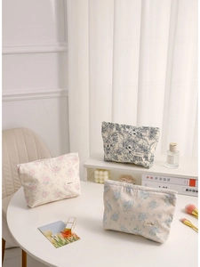 Floral Makeup Bag Canvas Cotton Zipper Portable Travel Toiletry Pouch Large Capacity Pastoral Style Women Organizer