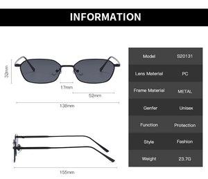 Detailed size specifications and technical parameters for model S20131 metal sunglasses