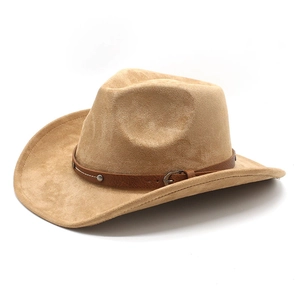 Detail of khaki suede cowboy hat with brown studded faux leather band and silver buckle