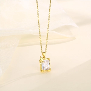 Elegant gold necklace featuring a square zircon pendant and tiny star detail for women