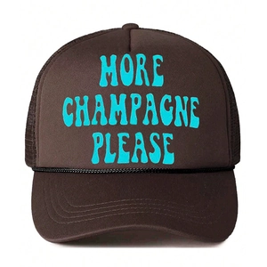Brown trucker hat with blue More Champagne Please print and breathable mesh back