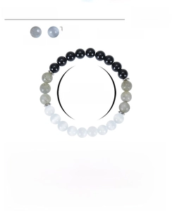 Close-up of 8mm natural moonstone and obsidian beads with detailed product specifications