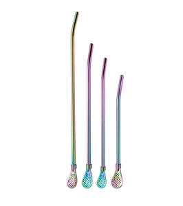 Detailed set of four rainbow stainless steel bombilla straws with spoon filters