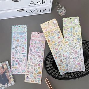 Detail of cute Korean ins-style cartoon stickers with colorful bear and food patterns