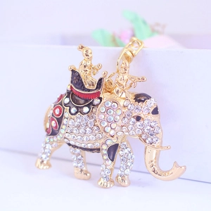 Sparkling crystal elephant keychain in gold finish with colorful enamel details