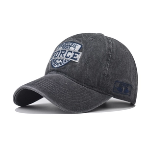 Washed grey denim baseball cap with Force United States embroidery on white background