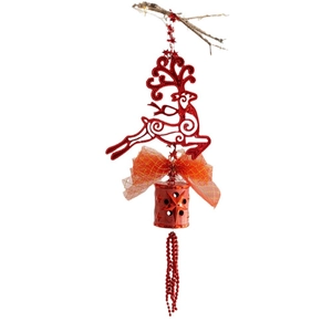 Campana di Natale rossa 50cm con renna glitterata e decorazione fiocco festivo a quadri