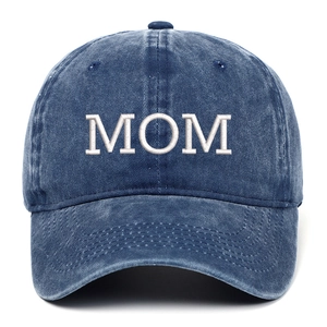 Vintage washed cotton baseball cap in navy blue with white MOM embroidery for sports