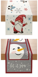 Detail of Christmas table runner featuring festive gnome and snowman patterns on wood