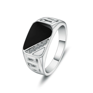 Classic silver stainless steel square ring for men with black enamel and zircon inlay