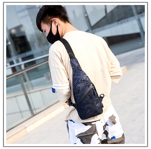 Detail der blauen Camouflage-Brusttasche mit USB-Anschluss und Reißverschlusstaschen