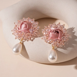 Pink silk fabric flower earrings with crystal beads and teardrop pearls for women