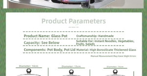 Size guide for thick borosilicate glass cooking pot with multi-capacity specifications