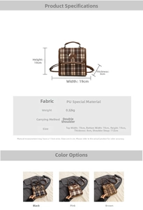Detailed size chart and multi-color options for plaid pu leather backpack with embroidery