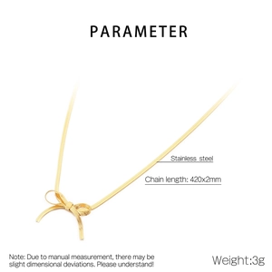 Détail macro du collier nœud en acier inoxydable plaqué or 18K avec mesures de la chaîne plate