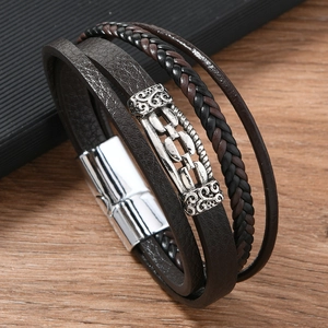 Retro multi-layer hand-woven leather bracelet with metallic chain and magnetic buckle