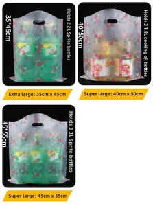 Three sizes of frosted plastic gift bags with rose print showing capacity comparison