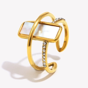 18K gold plated stainless steel double-layer ring with white shell and zircon accents