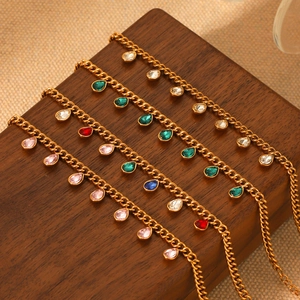 Classic gold stainless steel Cuban chain bracelet with colorful teardrop zircon charms