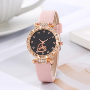 Elegant starry sky women's watch with pink leather strap and rose gold rhinestone case