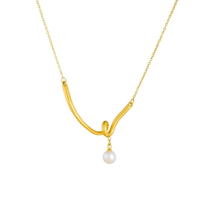 Minimalist gold-plated stainless steel necklace with twisted V-pendant and white pearl drop
