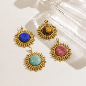 Pendentif soleil vintage français en acier inoxydable 14K avec pierres colorées