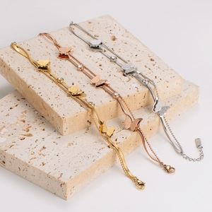 Minimalist stainless steel butterfly double layer bracelet in gold, rose gold and silver