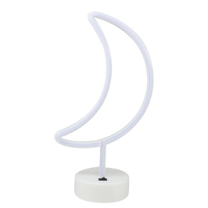White LED neon moon lamp with circular base, minimalist decorative light for modern desks