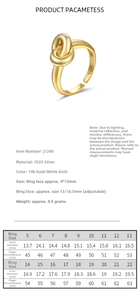 Size guide for S925 sterling silver knot rings with inner diameter measurements