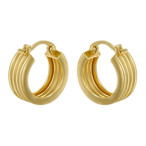 Macro shot of gold-plated hoop earrings with multilayer textured geometric design