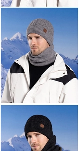 Detail of cable knit texture and fleece lining on winter beanie and neck warmer set