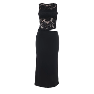 Robe midi moulante noire élégante avec dentelle ajourée et design sans manches