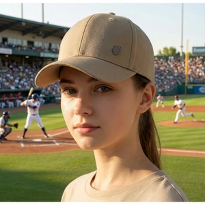 Detail of khaki baseball cap featuring a silver shield metal logo with letter R on the side