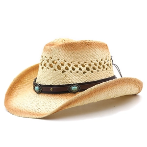 Western style woven straw sun hat with wide brim and turquoise stone band decoration