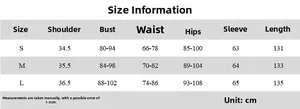 Detailed size chart for V-neck long sleeve slim dress including bust and waist measurements