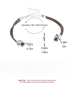 Adjustable brown braided hummingbird bracelet with silver alloy charms and size specs