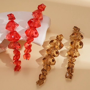 Exaggerated geometric acrylic beaded drop earrings in red and translucent brown