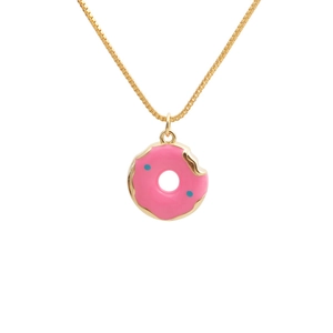 Golden necklace featuring a pink donut pendant with blue sprinkles on white background