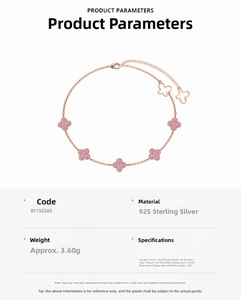 Detail of rose gold 925 silver bracelet featuring pink zircon clovers and butterfly charms