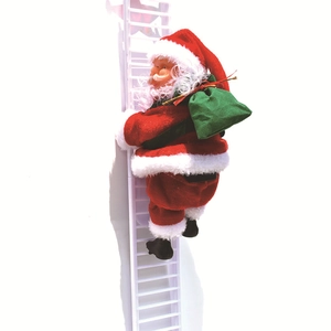 Close-up of electric Santa Claus climbing a red ladder with festive plush fabric details
