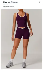 Detailed view of Kyoho Purple yoga set with white trim V-neck top and high waist shorts